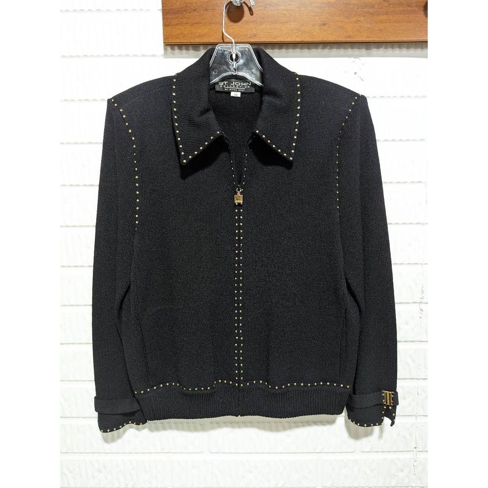 St John Collection Women's 10 Black Zip Front Jacket Pockets Gold Trim